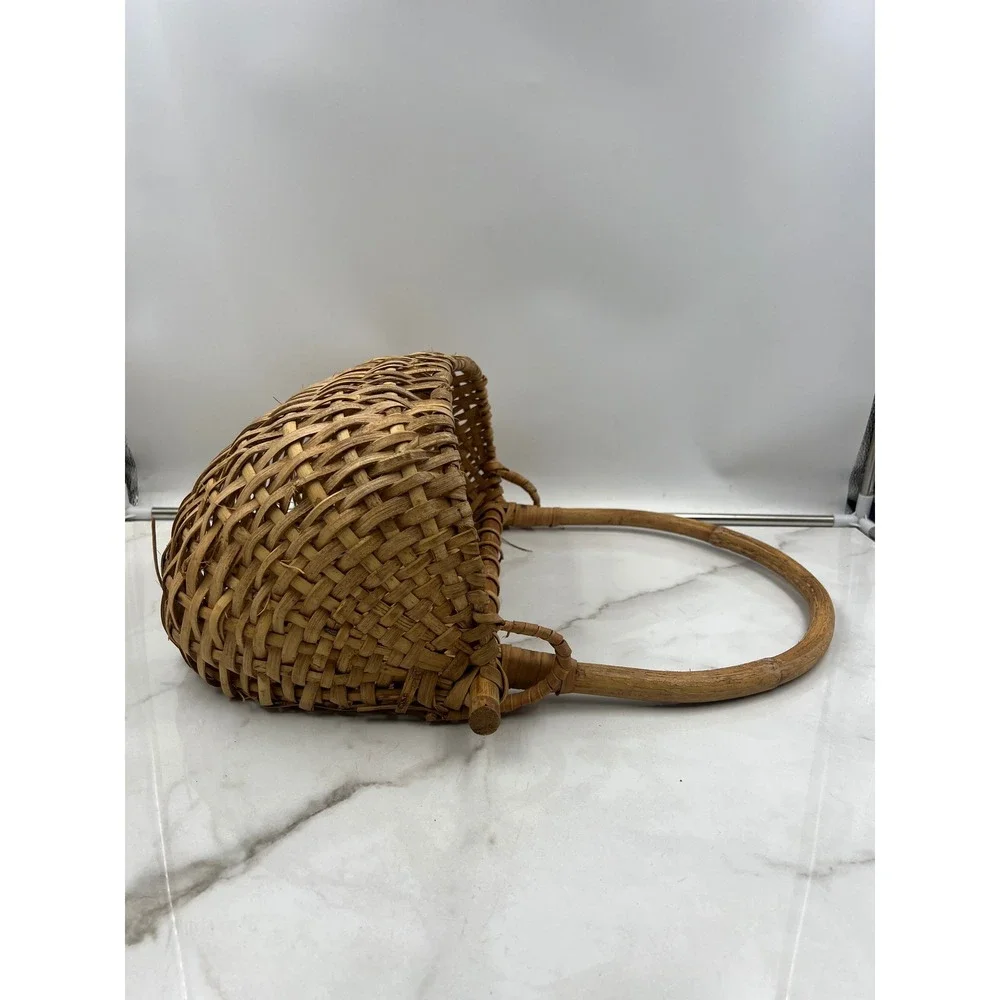 VTG Wicker Gathering Basket Hanging Peg Bentwood Handle Rustic Garden Brown